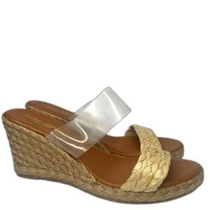 Andre Assous Wedge Sandal 39 8.5 Espadrille Clear Strap Slides Raffia Tan Anfisa
